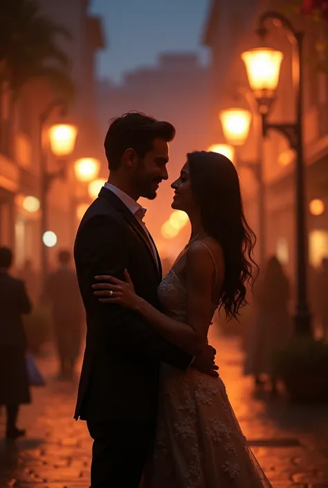 young couple dancing in the night light