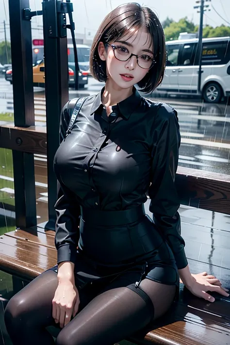 Realistic, High resolution, 1 female, Mature Woman, alone, Hip Up, Viewer Display, (Detailed face), (Short Bob)、(Glasses)、school uniform, mini skirt、Tight waist、Ample breasts、(black tights)、Sit on a bench、(Blouse wet in the rain)、(Girl in the rain)、bus sto...