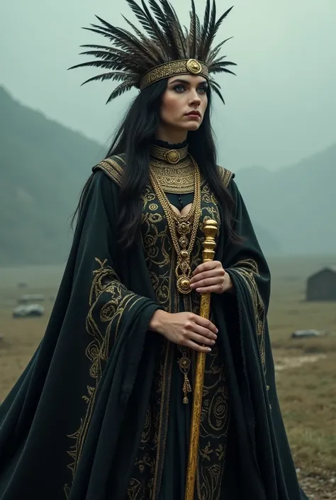 The scene is atmospheric and open, 1 caucasian female human with head cover bird feather, black robe with gold tribal pattern, many large gold necklace, black inner clothes, holding a golden rod, (detailed costume details, detailed clothing light sense), f...