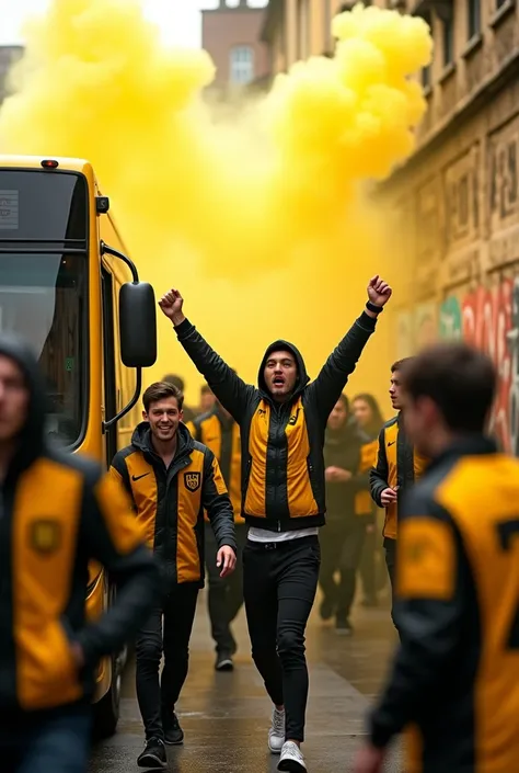 /imaginez : groupe supporters hooligans, fumigène jaune, moderniste chic, graffitis, veste noir et jaune, bus jaune, fumigène jaune, rendu Blender, 100 mm, détails complexes hyperréalistes finement détaillés couleurs tonales ultra réalistes rendu octane 8k...