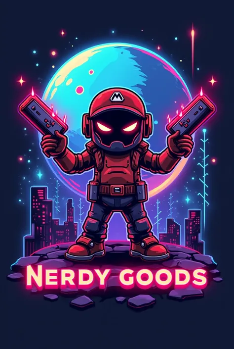 Logo for nerdy goods store, aesthetic com luzes e cores neon, showing a planet in the background containing a Nintendo-style video game character in the spotlight holding video controls as a weapon