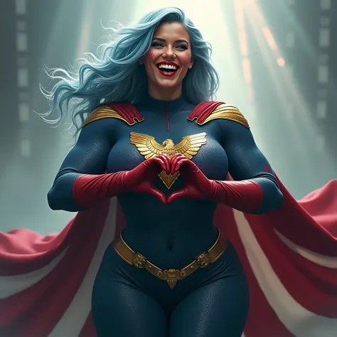 A powerful superhero character , She form a heart sign her hands. Shes beautiful a biracial latina woman .She wears a dark blue, textured full bodysuit with golden like heads of eagle on her shoulders and wear red long gloves until her elbows. She have got...