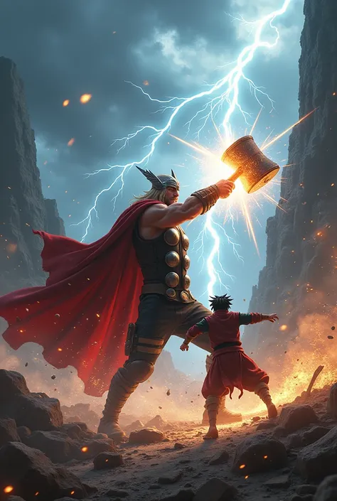 (photorealism:1.2), a beast thor fight with minato for his hammer
