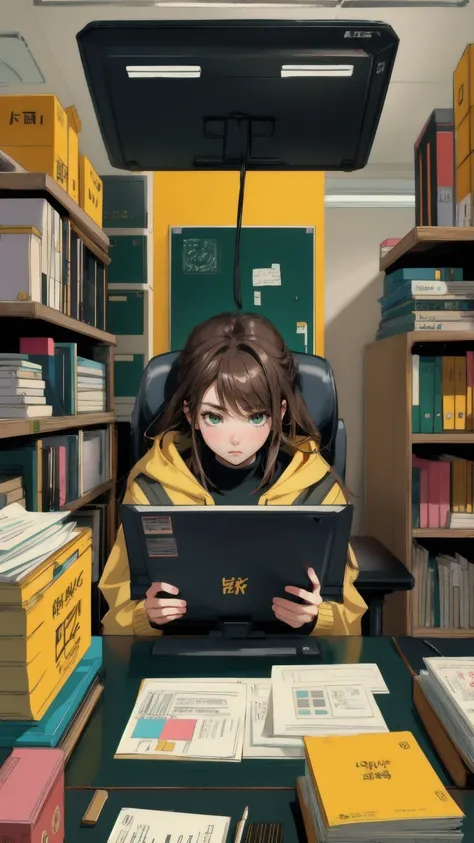 A cute anime girl with messy brown hair sits at a cluttered desk in a dimly lit, green-toned office space. Shes wearing a yellow hoodie and looking intently at a computer screen. The workspace is chaotic, filled with papers, books, and various office suppl...