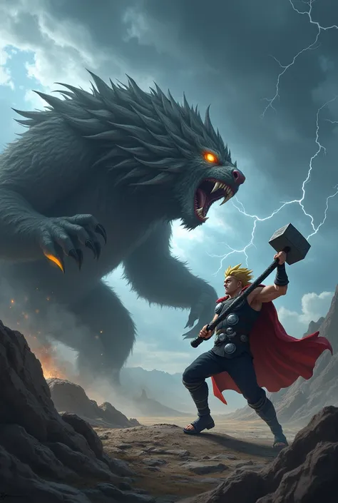 (photorealism:1.2), a beast thor fight with Narutos father for his hammer
