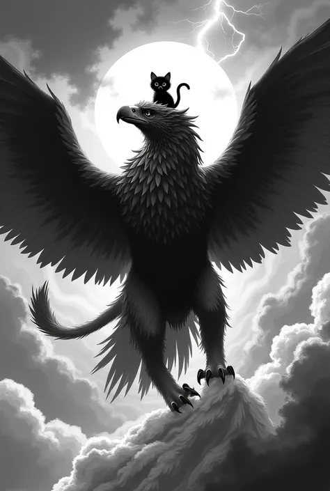 Masterpiece、Highest quality、The mighty Griffon、Stormy Night、Divine Beast、Bursting Thunder、Overwhelming King of the Skies、Cute kitten riding a griffin、A black kitten riding beautifully、male々New Griffon、Black and white ink style、Powerful ink painting、Bold br...