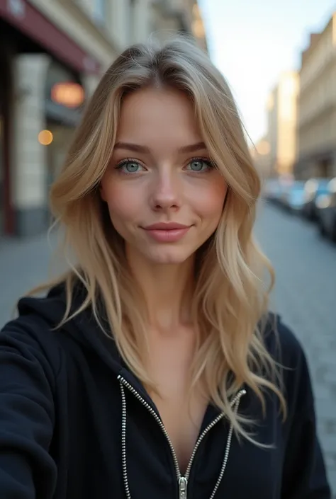 create realistic, normal beauty, hyperdetailed, anatomically correct 1 girl (blonde, cute, innocent, big breasts, petite) upper body selfie from hand (front camera) on the street, wearing black hoodie