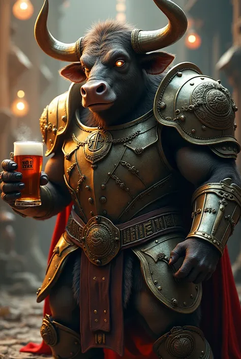 Bull in full armor, holding a beer, anthropomorphic, super detail, ultra hd, 8k, real life, maximum facial detail, cinematic lighting