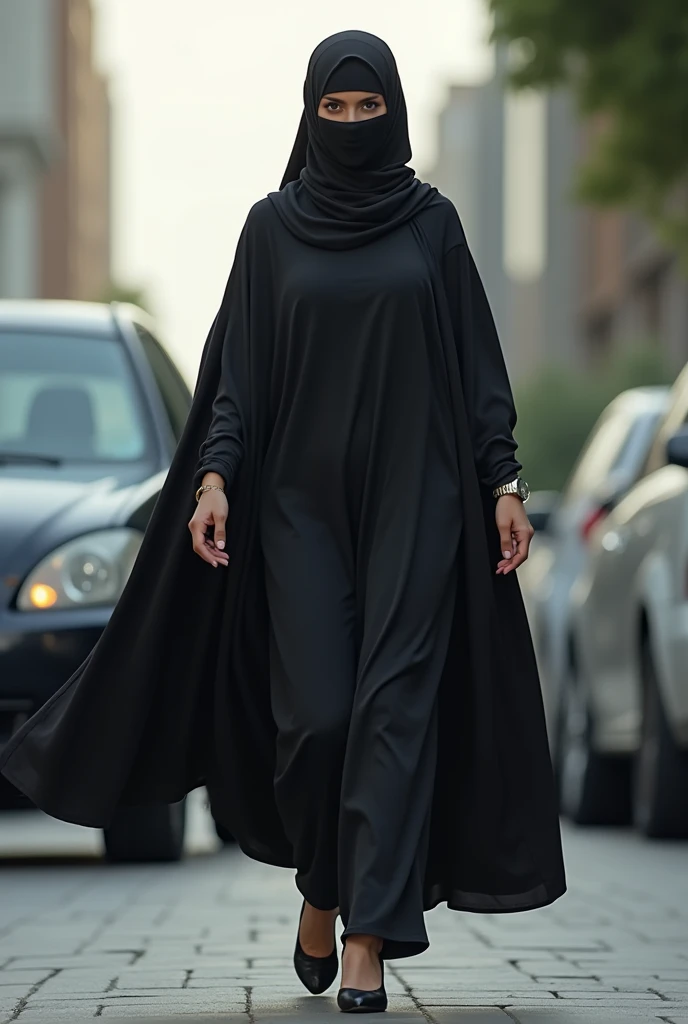 A women in burqa wearing watch and high heels in attitude Walking towards the car