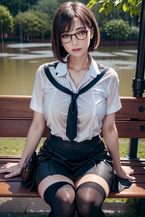 realistic, high resolution, 1 female, mature woman, alone, hip up, viewer display, (detailed face), (short bob)、(glasses)、school...