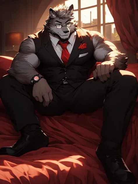 A Very Muscular Furry Gray Wolf. He is wearing A Black Pants with a belt, A Black and Red tie and a black suit. He have a frowny face. He is looking at you. He have A Gray Very messy hair. His right hand is on his leg And his left hand is holding a White a...