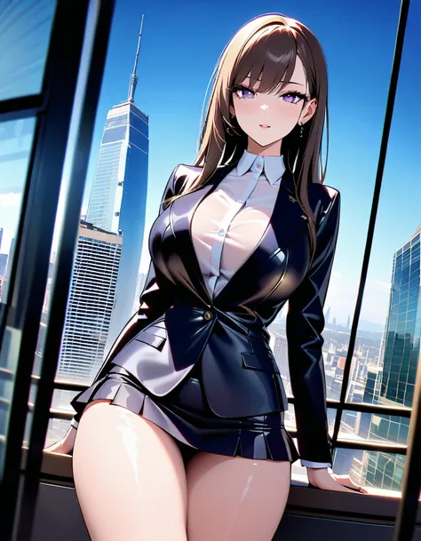 Close-up shot of the CEOs office: a stunning woman with piercing gaze stands before a floor-to-ceiling glass wall, reflecting the citys skyline. Her tailored jacket and mini-skirt ensemble showcases her curves, oozing sensuality as she exudes no warmth. Fr...