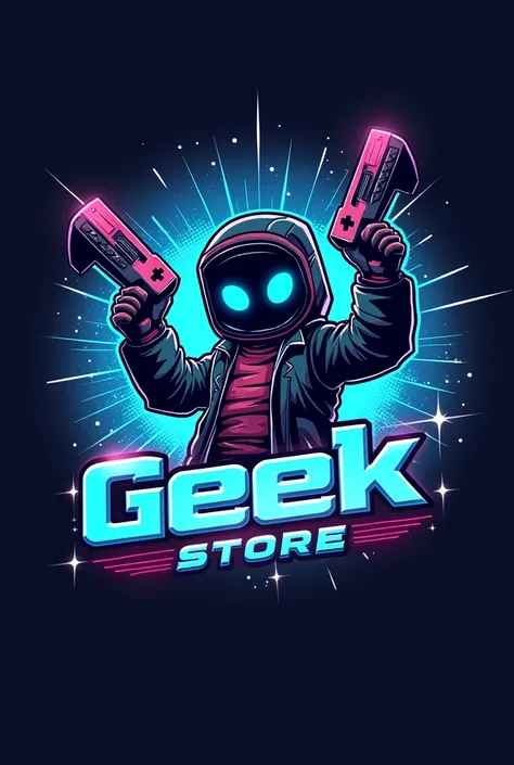 Create a vibrant, futuristic logo for a geek clothing and merchandise store, aimed at young audiences. The design should feature a fictional character in the style of old pixelated games, similar to classic Nintendo games. This character should be holding ...