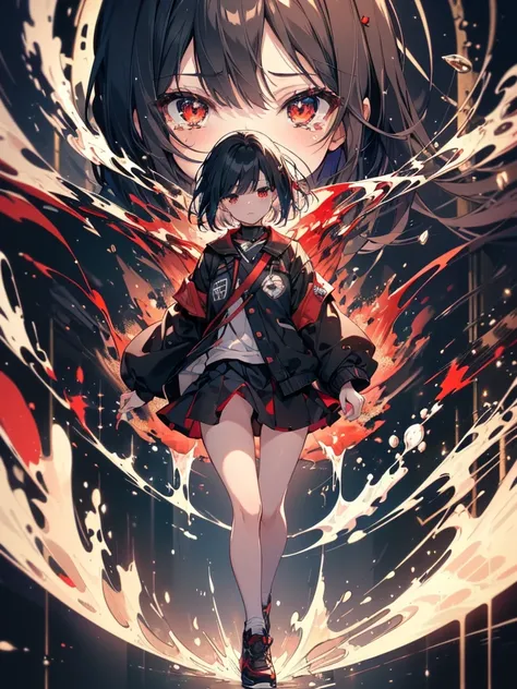 (masterpiece, highest quality, highest quality, (No text), Beautiful and aesthetic:1.2),No text,アニメ、BREAK,One Girl，Black Hair Girl　 adult　short hair　older sister　Beautiful eyes　Red eyes　cool　tears　Black and Red　skirt　Black jacket　White clothing　Full body n...