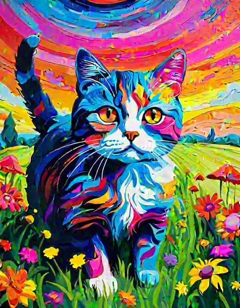 masterpiece,best composition,dynamic composition,colorful landscape painting,cat on lawn,psychedelic landscape,vivid oil paintin...