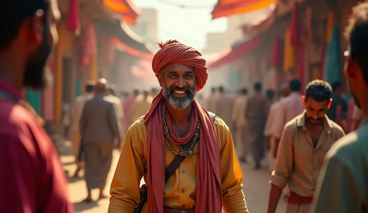 A Marwari trader in a crowded market, closing a deal with a smile, surrounded by vibrant colors and activity.