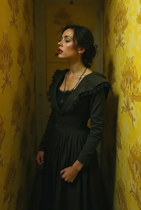 A Victorian woman captive in room of yellow wallpaper, shes looking agitated and sad 