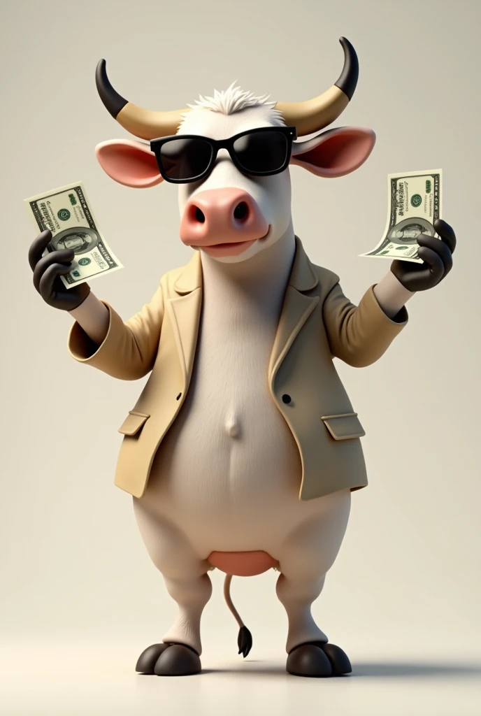 A cow with holding money in her hands and wearing shades with different pose