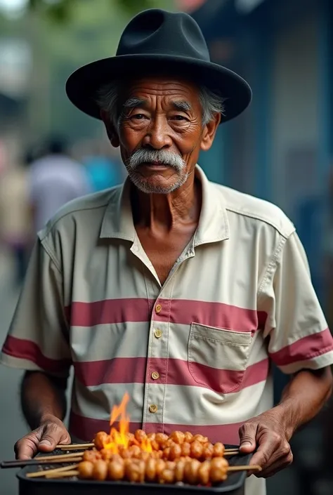 photo of an old Indonesian man aged 50 years, white and red horizontal striped collared shirt, curly hair wearing a black songkok, thick mustache, grilling satay