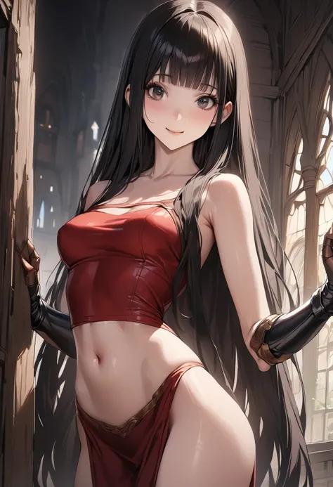 Fantasy art、((masterpiece,best quality anime,Highest quality:1.3)),realistic,portrait,1woman,(Mature Beauty),((very small head:1.4)),((very long body:1.3)),long hair,black hair,bangs,(gorgeous big eyes),black eyes,smile,((slender body:1.3,skinny)),medium b...