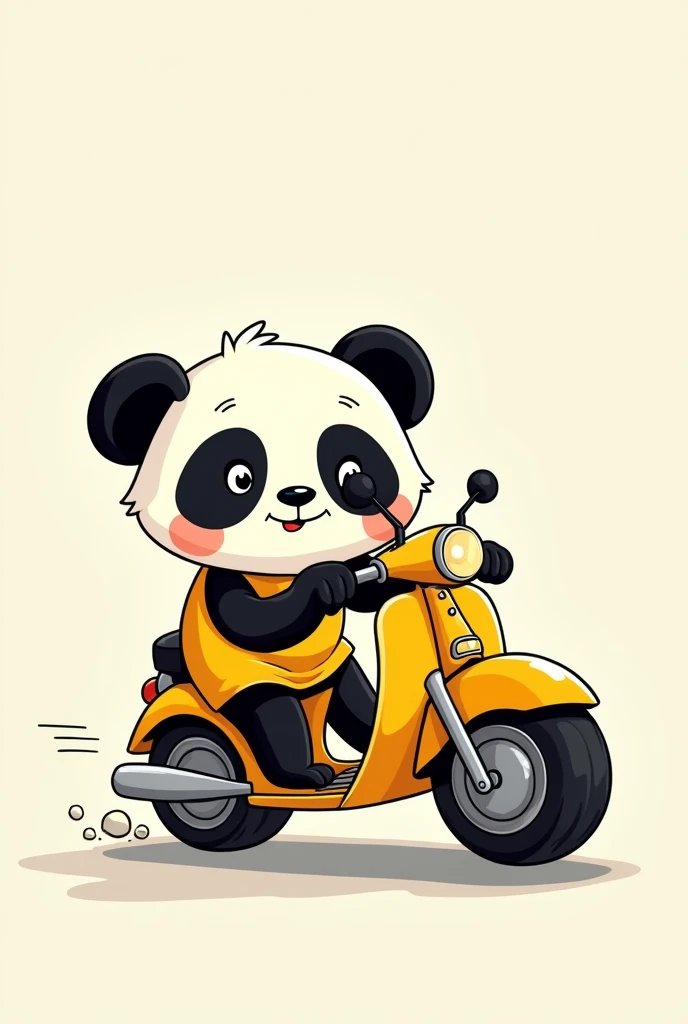 Little Panda Bear, with yellow uniform, with a super economical name, drawing. riding a motorbike