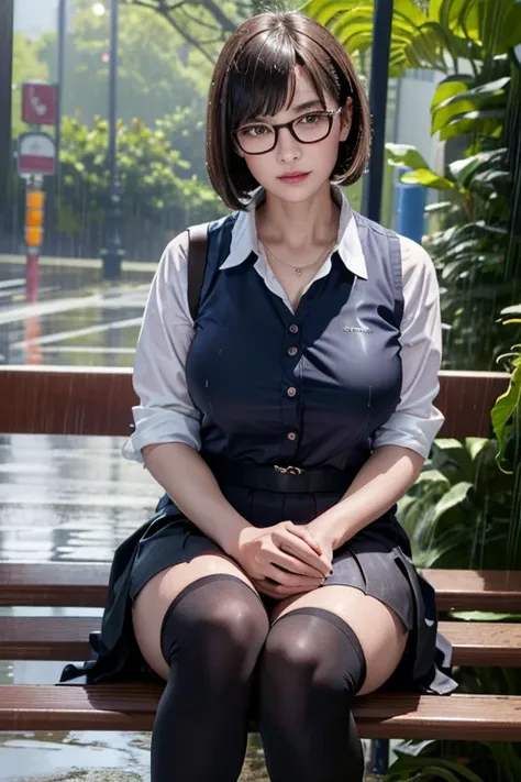 Realistic, High resolution, 1 female, Mature Woman, alone, Hip Up, Viewer Display, (Detailed face), (Short Bob)、(Glasses)、school uniform, mini skirt、Tight waist、Ample breasts、(Over the knee socks)、Sit on a bench、(Blouse wet in the rain)、(Girl in the rain)、...