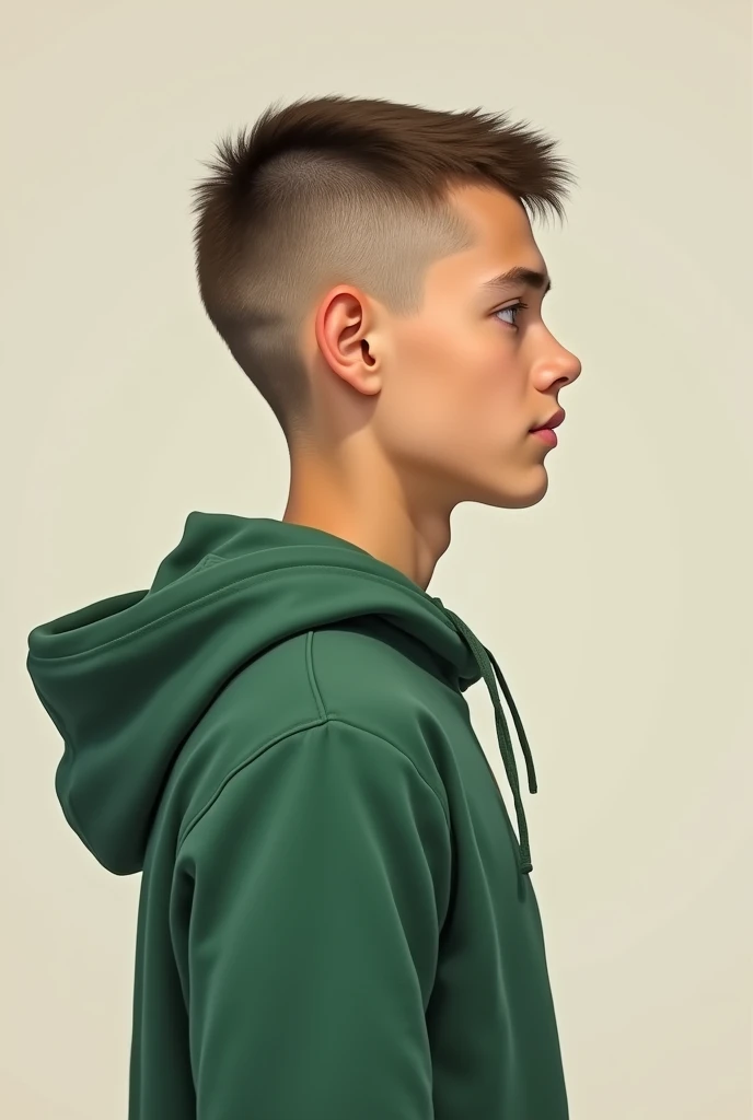 A tall  boy wearing a green hoodie and a crew cut. A clear profile picture from 2014.