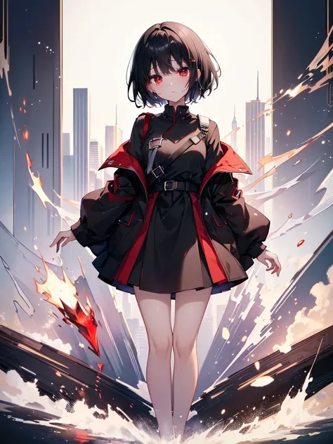 (masterpiece, highest quality, highest quality, (No text), Beautiful and aesthetic:1.2),No text,アニメ、BREAK,One Girl，Black Hair Girl　 adult　short hair　older sister　Beautiful eyes　Red eyes　cool　tears　Black and Red　skirt　Black jacket　White clothing　Full Body O...