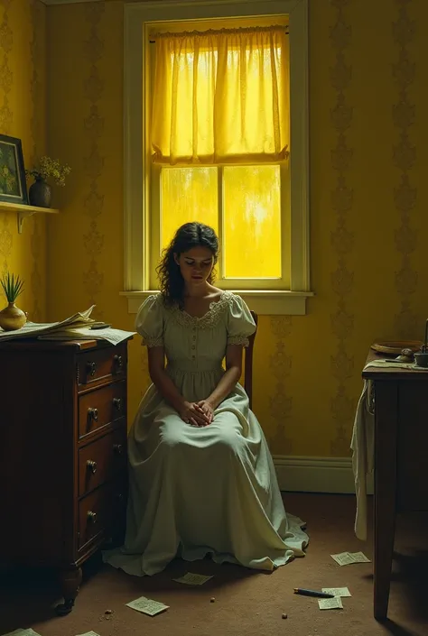 A Victorian housewife sitting captive in room of yellow wallpaper and one small window which is the only source of light. Shes agitated and depressed and a little unorganised 