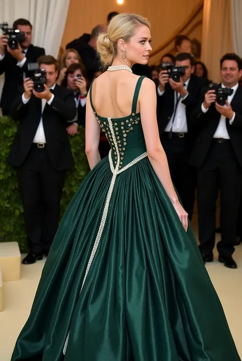 New York MET GALA event, dress core XIX century ancient, blonde model, paparazzi behind, complete dress, dark green dress, extravagant dress, pearls, many accessories. same dress for all photos, same dress three photos, same dress