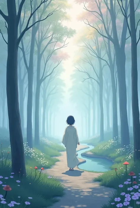 Create an aesthetic anime-style wallpaper capturing a dreamy morning in a peaceful, foggy forest. The scene should feature a narrow path covered in soft, dewy grass, winding through tall, slender trees with delicate, pastel-colored leaves. The early mornin...