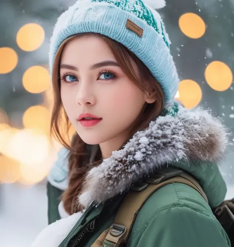  Christmas Forest, (photorealistic), beautiful light, best quality, realistic, full figure, Real picture, complicated details, depth of field, 1 girl, In the cold snowstorm, A muscular female soldier with a great hairstyle, Wear winter clothes, glove, มีรา...