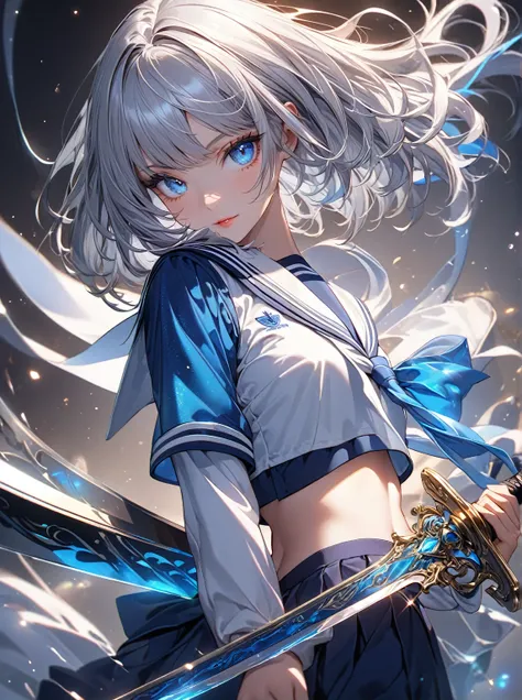 Ultra high resolution, rich colors, perfect image, top quality, detailed image, beautiful single woman, glowing skin, skin and clothing texture, delicate eyes, long sword, sailor suit silver hair bob, blue eyes