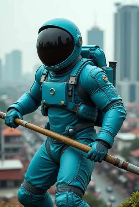 cyan colored male astronaut in a black helmet with a bigger sharpened bamboo, full body with Jakartas background