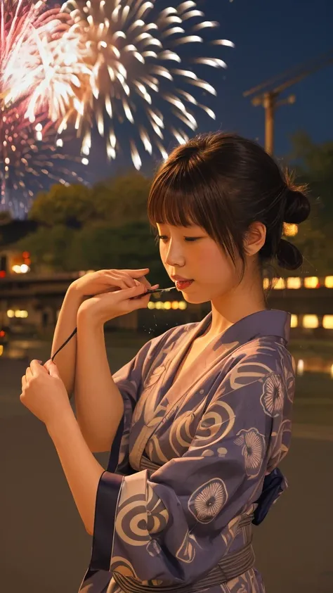 yukata.One girl, solo, High resolution, Brown Hair, Tying up hair, firework,night