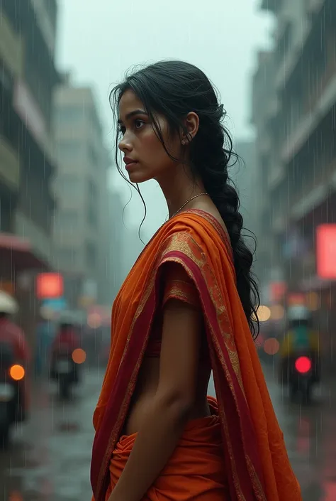 A Bangladeshi girl wearing saree, in the rain of dhaka city 