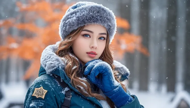  Christmas Forest, (photorealistic), beautiful light, best quality, realistic, full figure, Real picture, complicated details, depth of field, 1 girl, In the cold snowstorm, A muscular female soldier with a great hairstyle, Wear winter clothes, glove, มีรา...