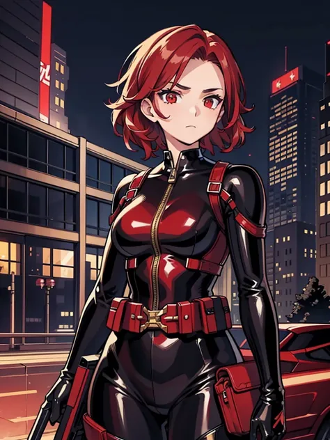 One girl, masterpiece, Lady_Nagant, short hair, Redhead,  Red eyes, Severe, Black suit, Portraiture, Mechanical Belt, Night city background, latex,