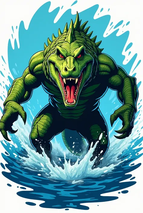 A Stylized vector art whole body of a green beast crocodile front view with a sharp teeth splashing a stylized blue water vector 