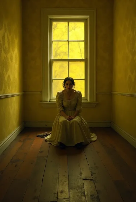 A Victorian housewife sitting captive in a big room of yellow wallpaper and one small window beside which is the only source of light. Shes agitated and depressed 