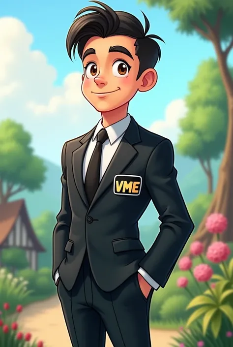 Cartoon man wearing a black suit with the large vme logo embroidered on it, with a peaceful scene behind it.