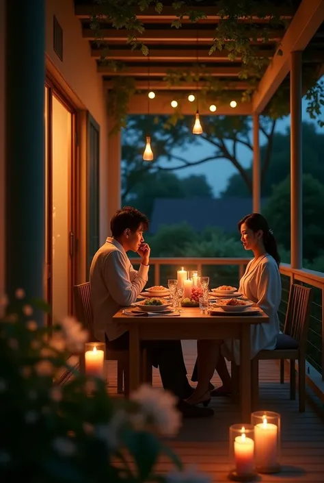 Table set for a romantic candlelit dinner with sushi on the porch of a house