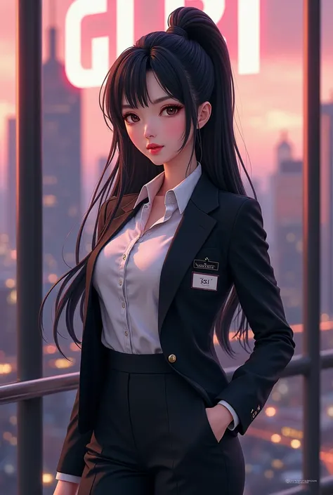 Create anime character;
{background: capital HD text: “GLBK” in center-top, sea}, white skin,
realistic, HDR, beautiful, donghua style, full body, age 20, office clothes, name card: “Cici”, female, black hair, long hair, pony hair, like mafia