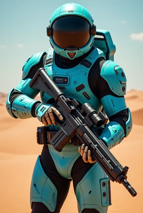 cyan colored male astronaut in a black helmet with a Minigun raised up with desert background 