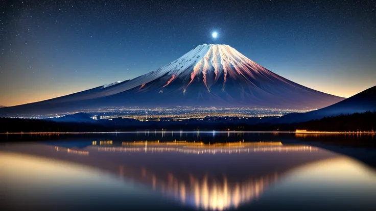 A very starry night. A huge moon floating over Mount Fuji. A tranquil lake reflecting the night.. Realistic Scene, detailed, Photorealism, 8k