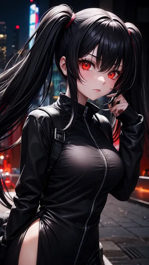 One girl, Red eyes, High-resolution model, Twin tails, Black Hair，New York City at night，Black mask on face，A slightly evil looking face，