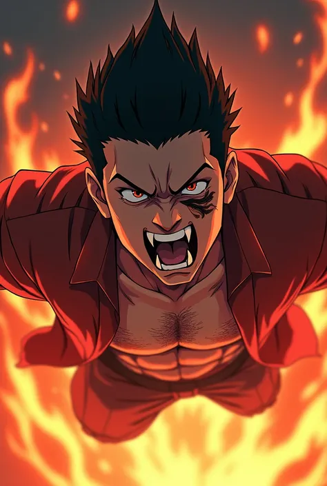 A anime boy with comeback attitude
With fire everything very very very angered shouting + vampire teeth and tattoo on face + fly in air in standing position