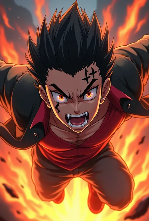 A anime boy with comeback attitude
With fire everything very very very angered shouting + vampire teeth and tattoo on face + fly in air in standing position