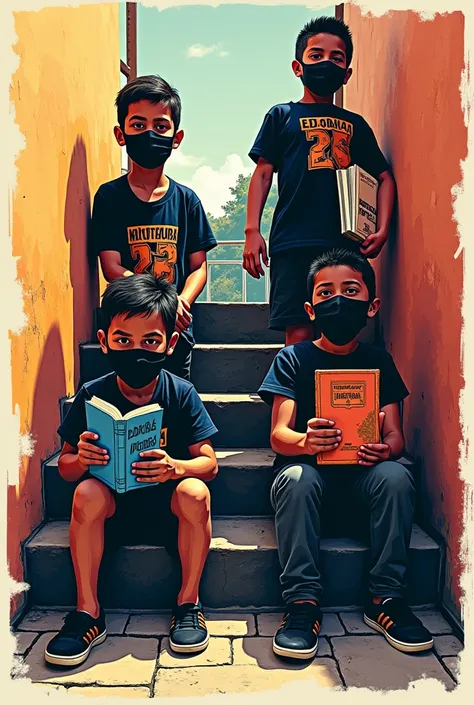 Draw a stencil shape of four children with different features on a staircase, where two are standing, two sitting, all wearing a shirt covering their face and pointing books as if they were weapons, looking like bandits from the favelas of Rio de Janeiro. ...