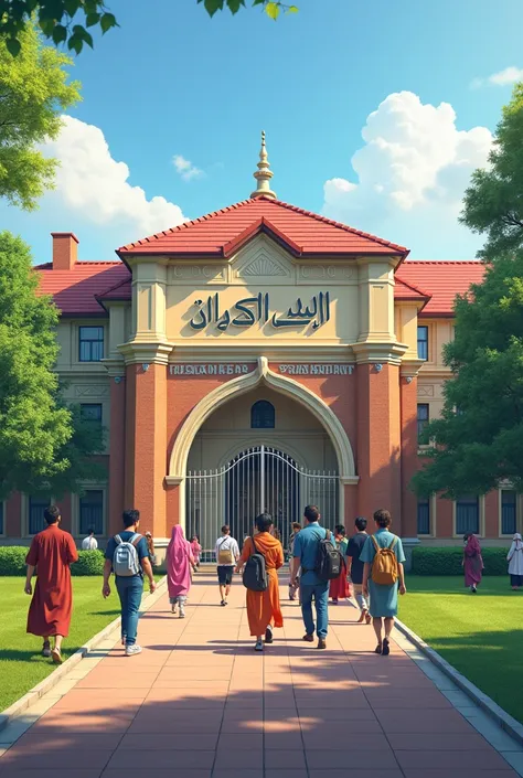 Build a three-story academy usa style show all sides of building.write "Faizan-e-Aala Hazrat in urdu on main gate.stending the students front of academy.